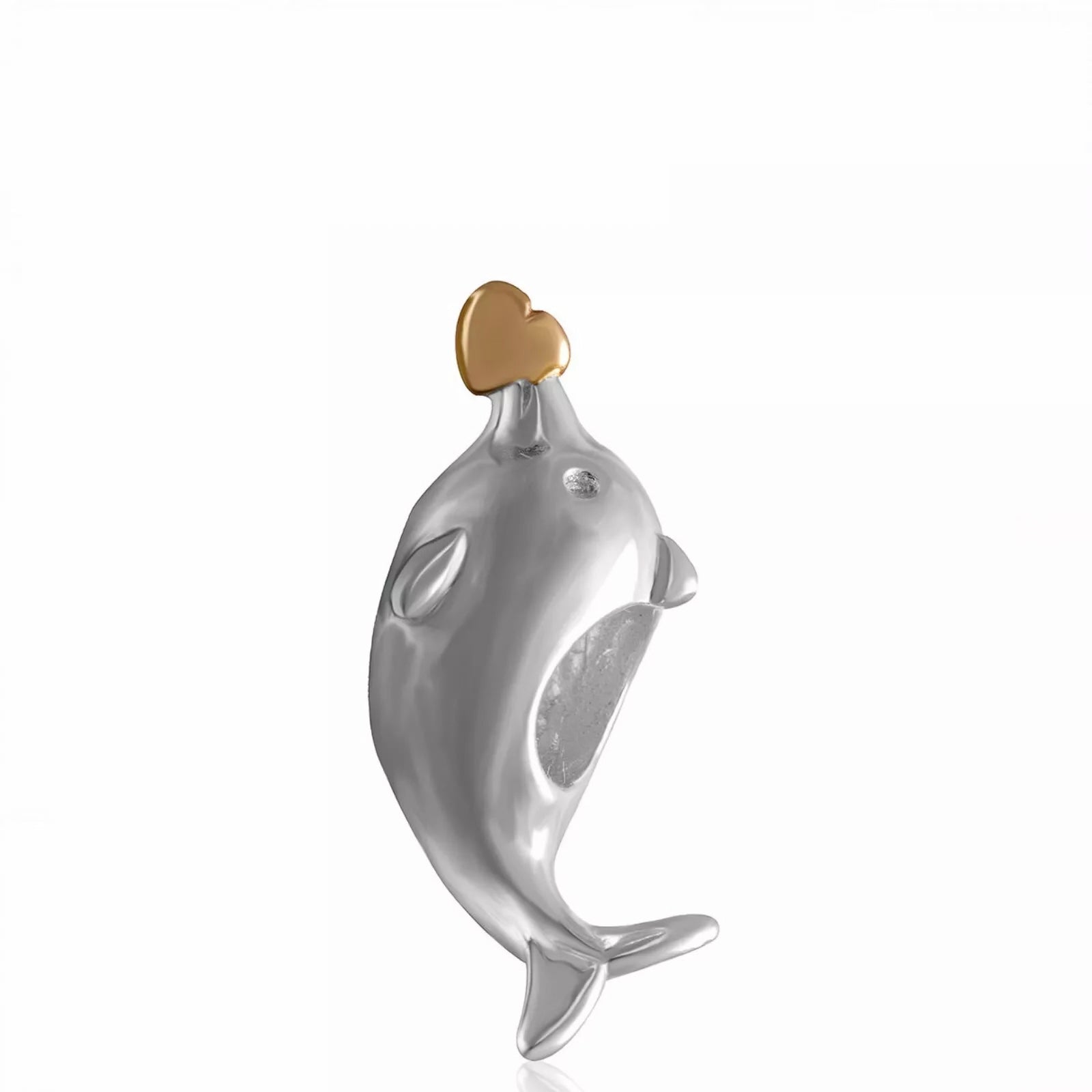 Sterling silver dolphin charm bead with gold heart detail from Melchior Jewellery
