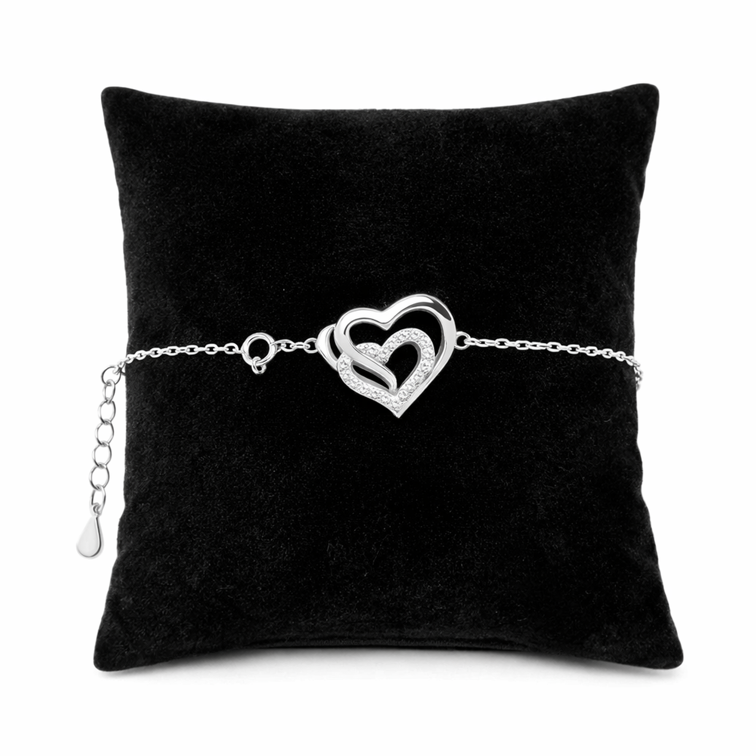 Sentiell sterling silver double heart bracelet displayed on black cushion for womans accessories