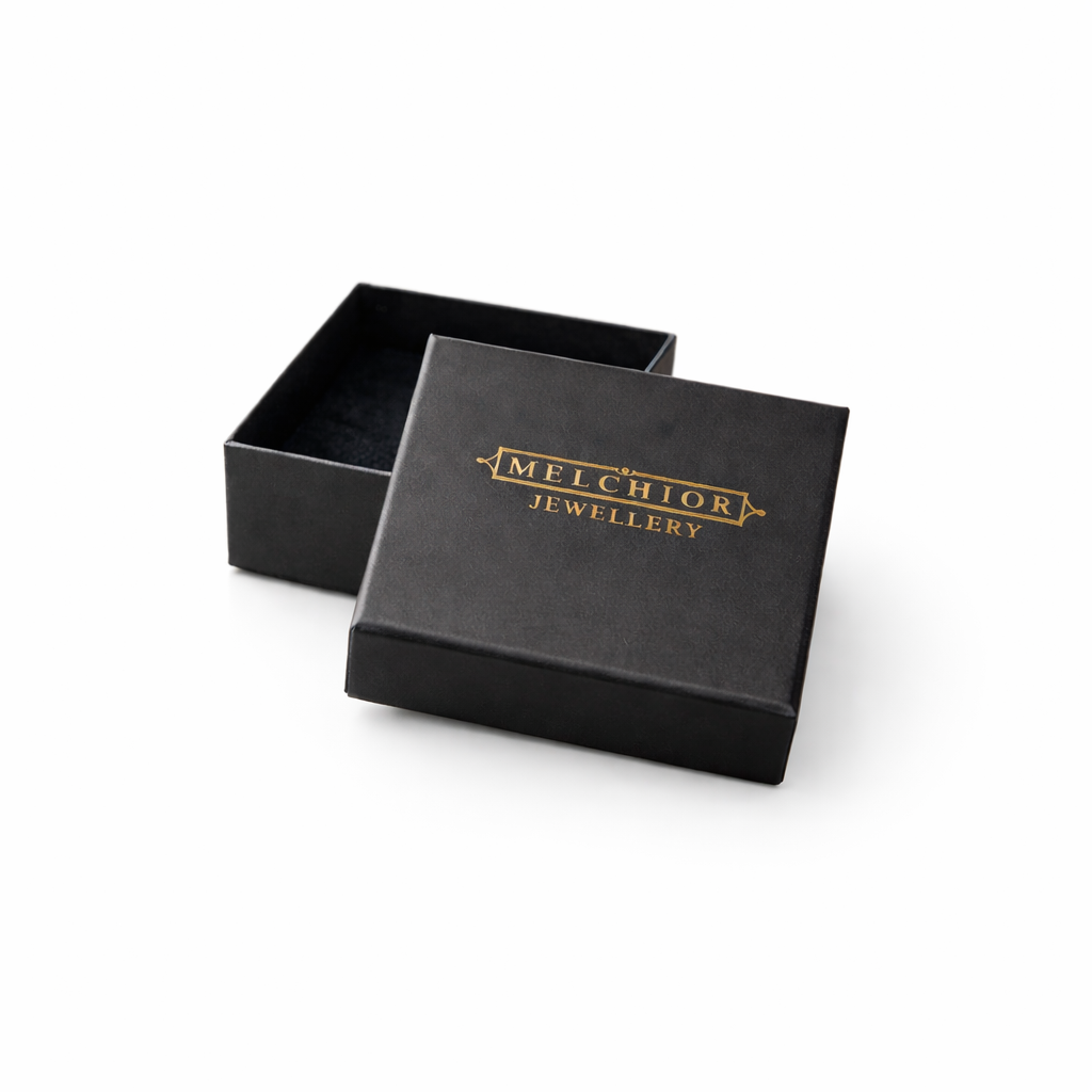 Black jewellery gift box with gold Melchior logo for sterling silver double heart bracelet