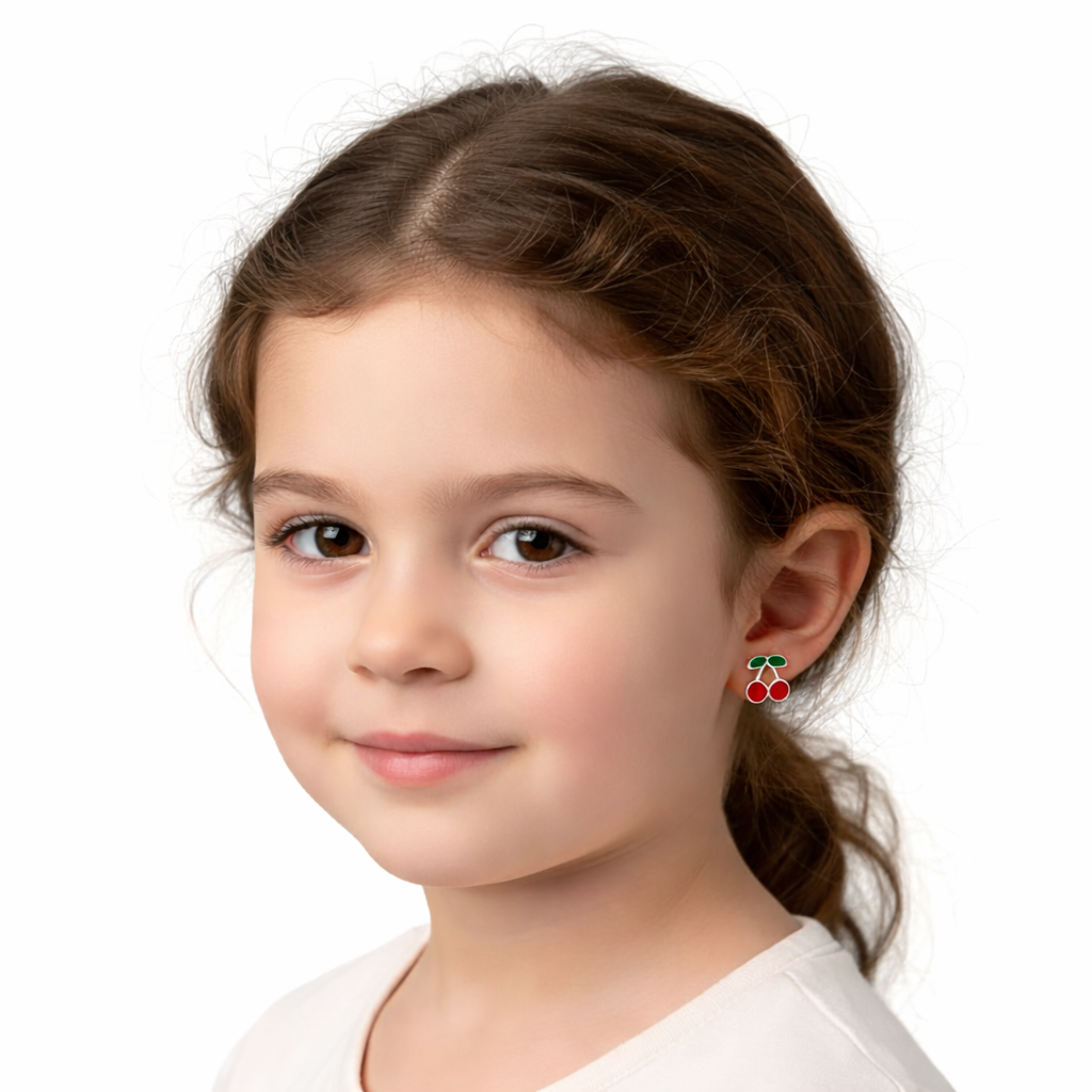 Melchior Jewellery sterling silver earrings for girls shaped like red cherries worn by young girl