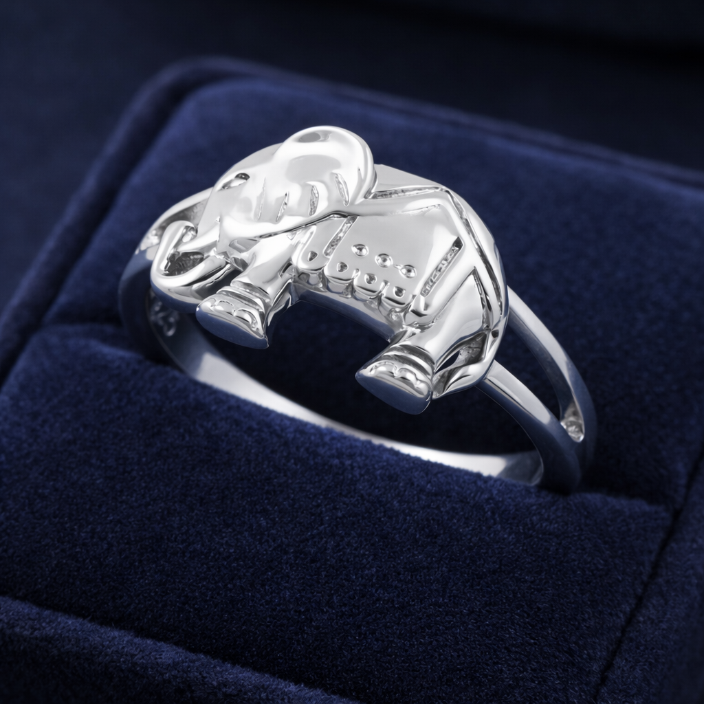 Melchior Jewellery sterling silver elephant ring for women displayed on navy velvet box