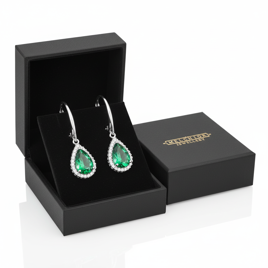 Melchior Jewellery sterling silver emerald drop earrings in black luxury presentation box