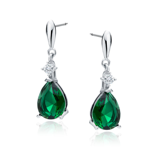 Melchior Jewellery sterling silver emerald drop earrings with pear-shaped green gemstones and clear stones