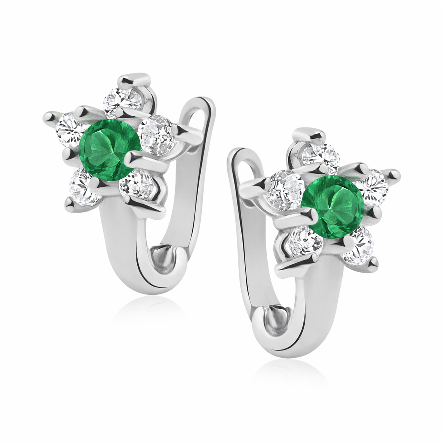 Sterling silver emerald huggie earrings with vibrant green emerald centre stones and clear sparkling crystals