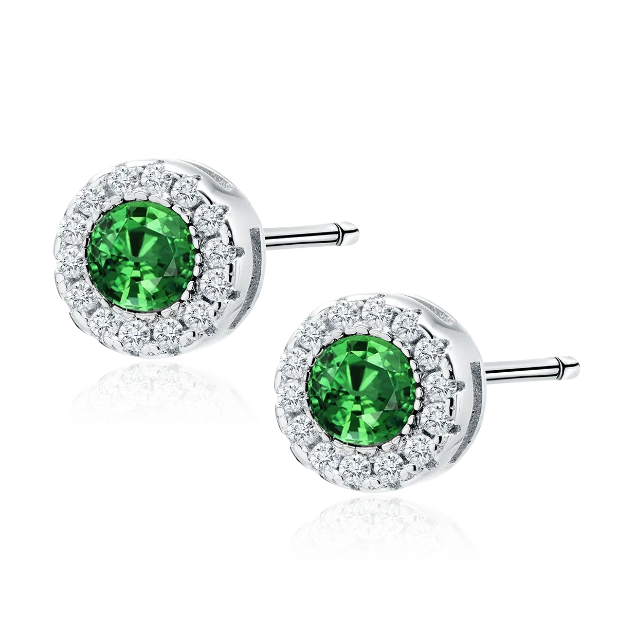 Melchior Jewellery sterling silver emerald stud earrings with surrounding clear stones on a black background