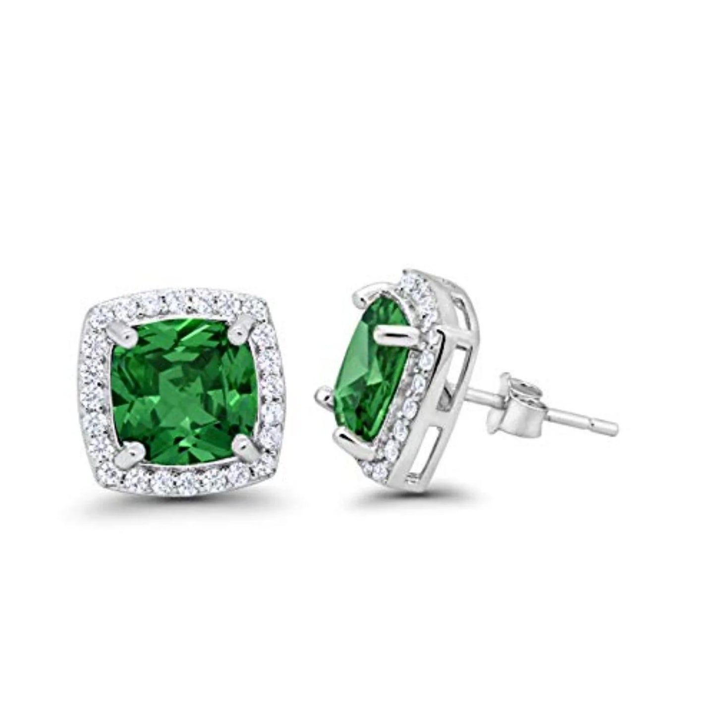Melchior Jewellery sterling silver emerald stud earrings with square green gemstones and surrounding clear stones