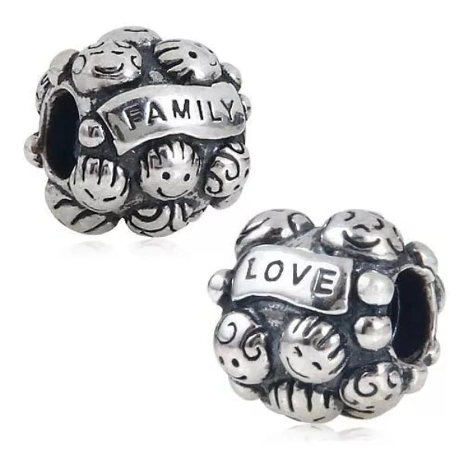 Melchior Jewellery sterling silver family charm bead with detailed smiley faces and engraved words family and love