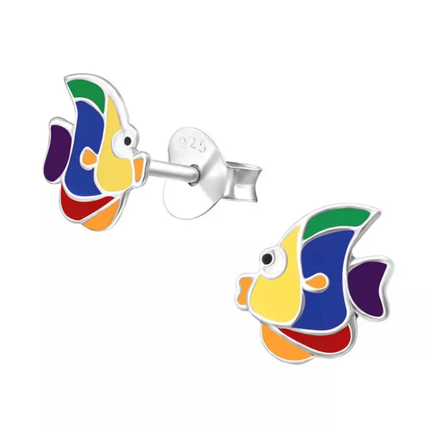 Sterling silver fish stud earrings for kids with colourful enamel in green blue yellow purple red and orange by Melchior Jewellery
