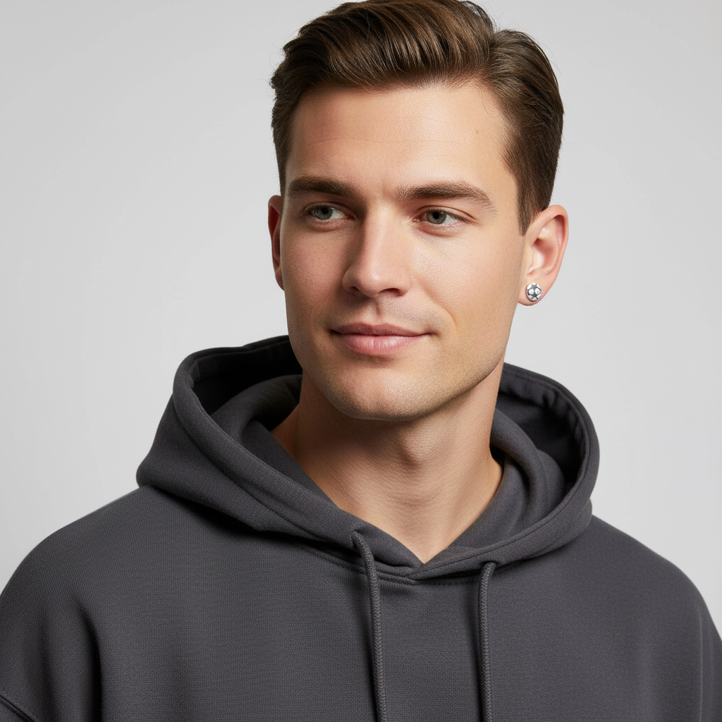 Man wearing Melchior Jewellery sterling silver football stud earrings with a grey hoodie