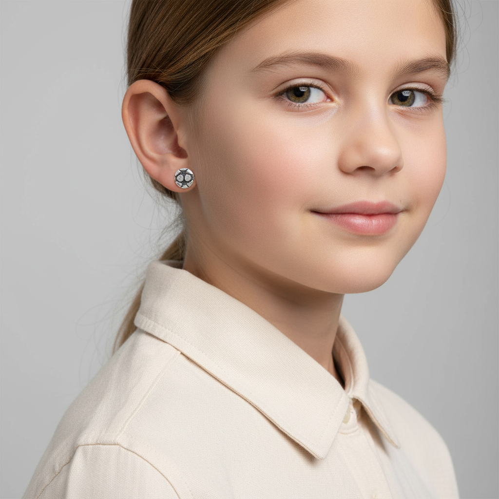 Sterling silver football stud earrings by Melchior Jewellery worn by girl with beige shirt