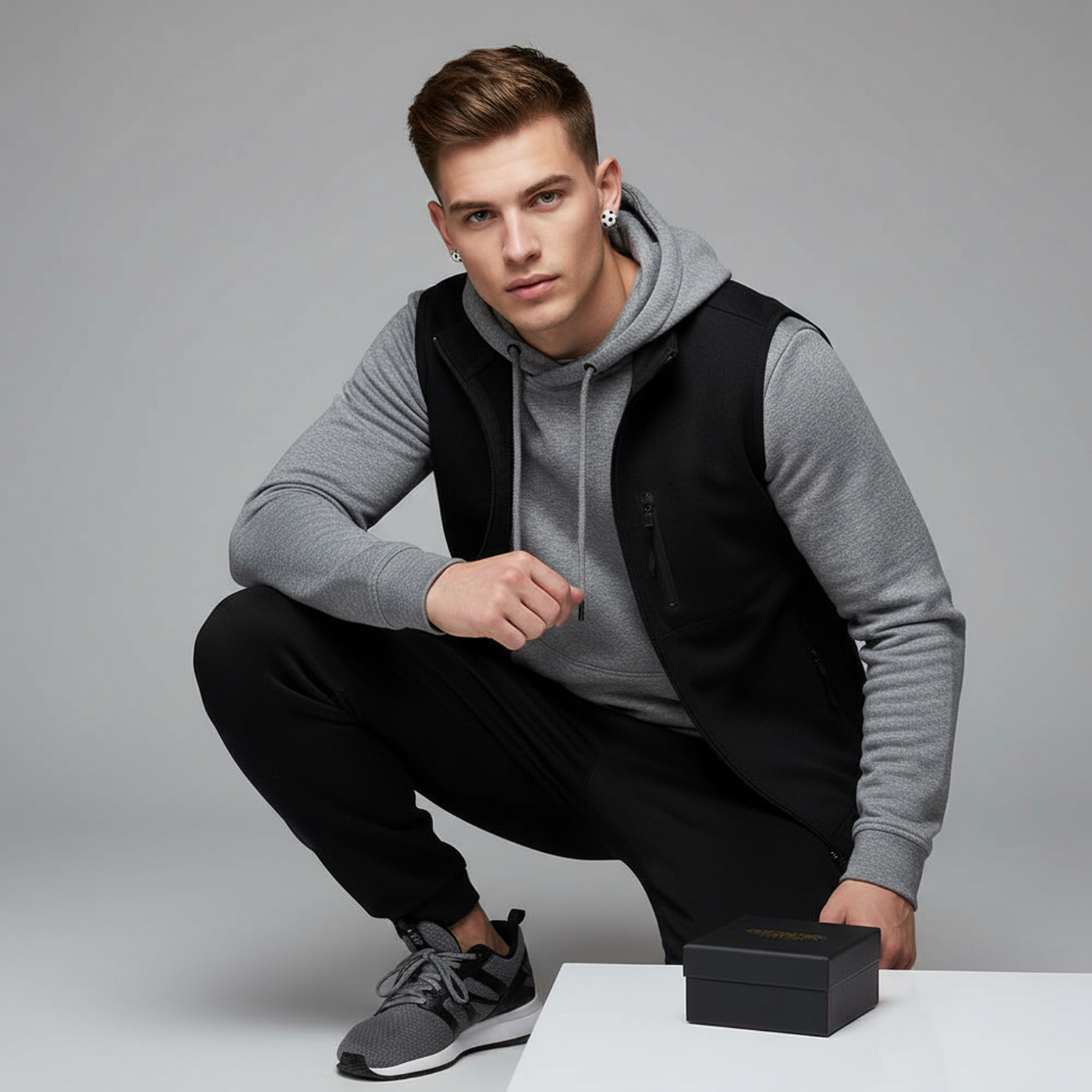 Melchior Jewellery sterling silver football stud earrings worn by man in grey hoodie and black vest