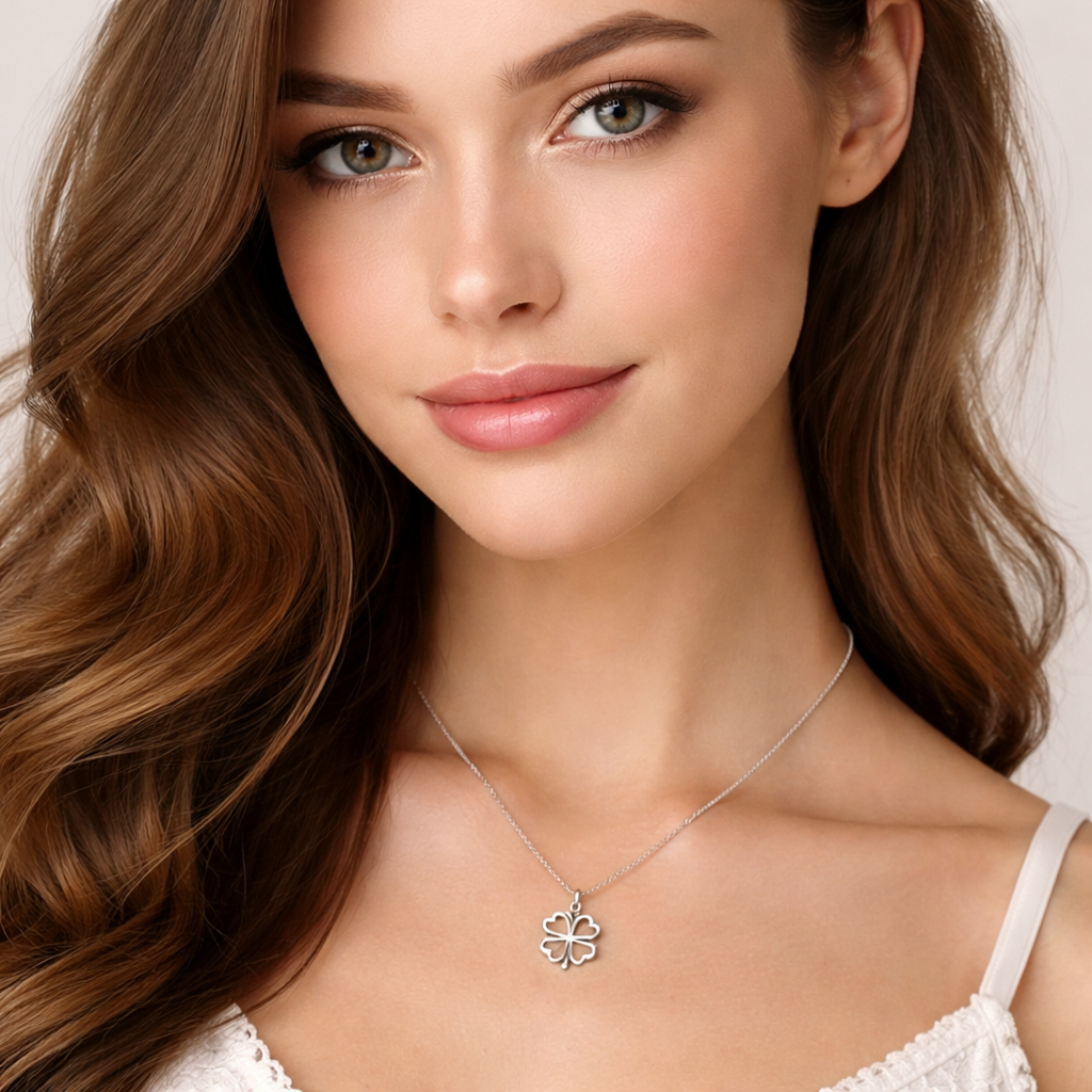 Melchior Jewellery sterling silver four leaf clover necklace worn by woman with long brown hair
