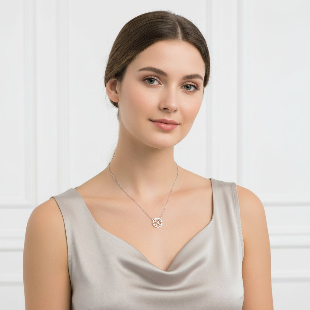 Sterling silver four leaf clover necklace by Melchior Jewellery worn by woman in a silver satin dress