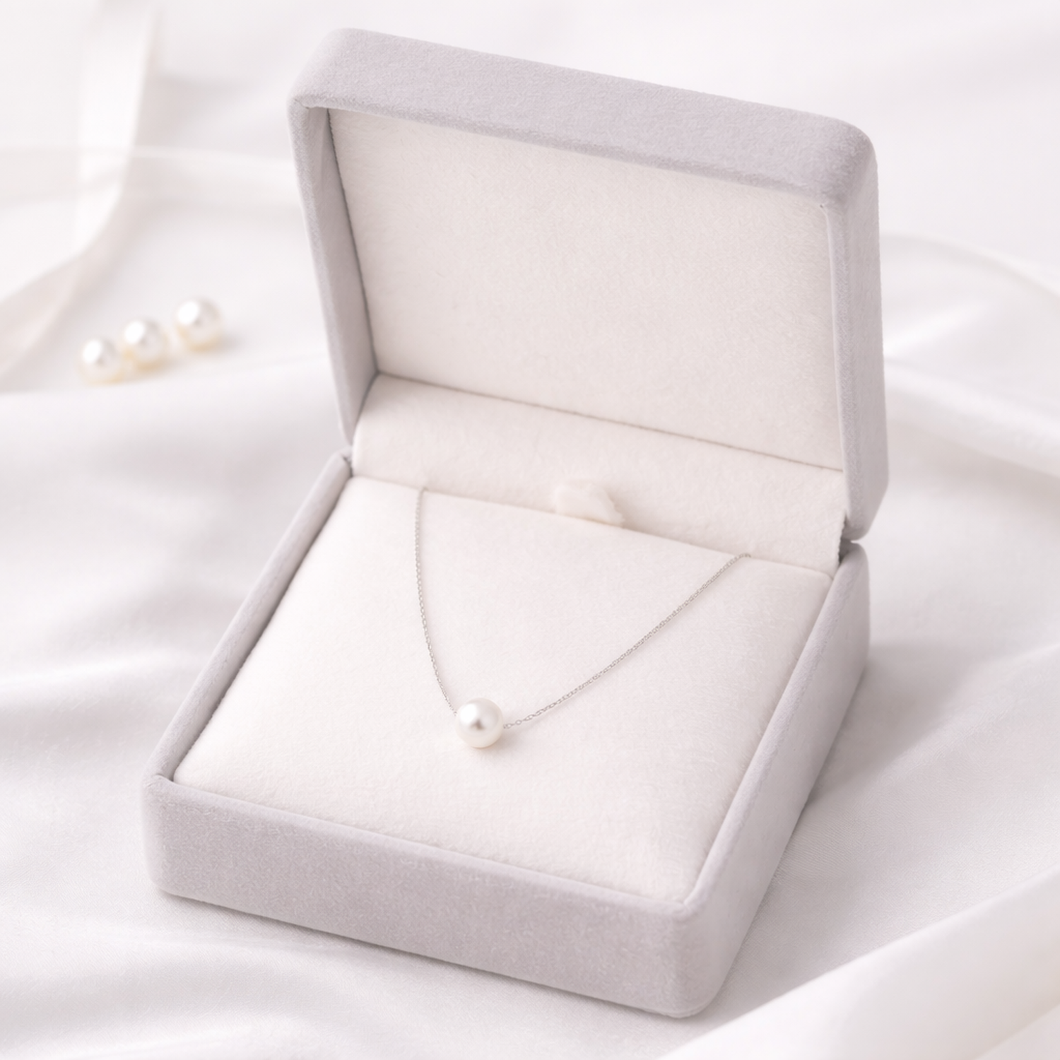 Sentiell sterling silver freshwater pearl necklace displayed in a grey velvet gift box on white fabric