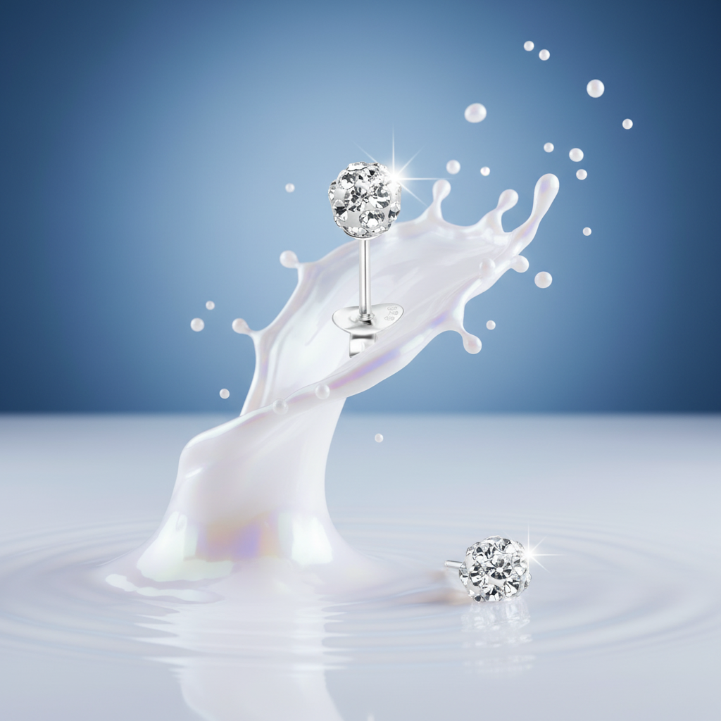 Melchior Jewellery sterling silver girls crystal stud earrings displayed with a splash of liquid on a blue background