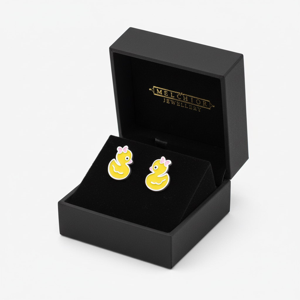 Sterling silver girls duck studs earrings by Melchior Jewellery in black gift box