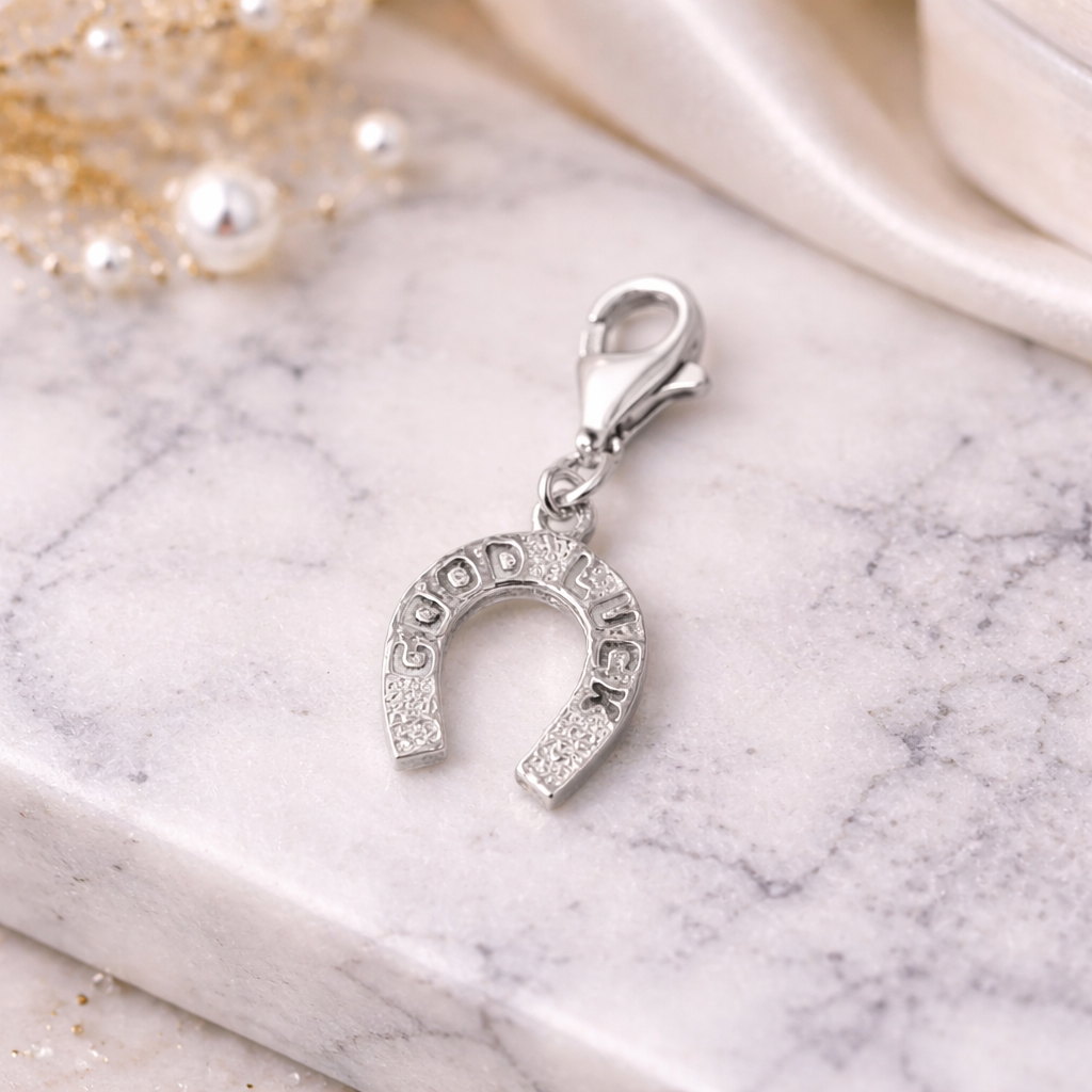 Sterling silver good luck charm shaped like a textured horseshoe with 'Good Luck' engraving and lobster clasp