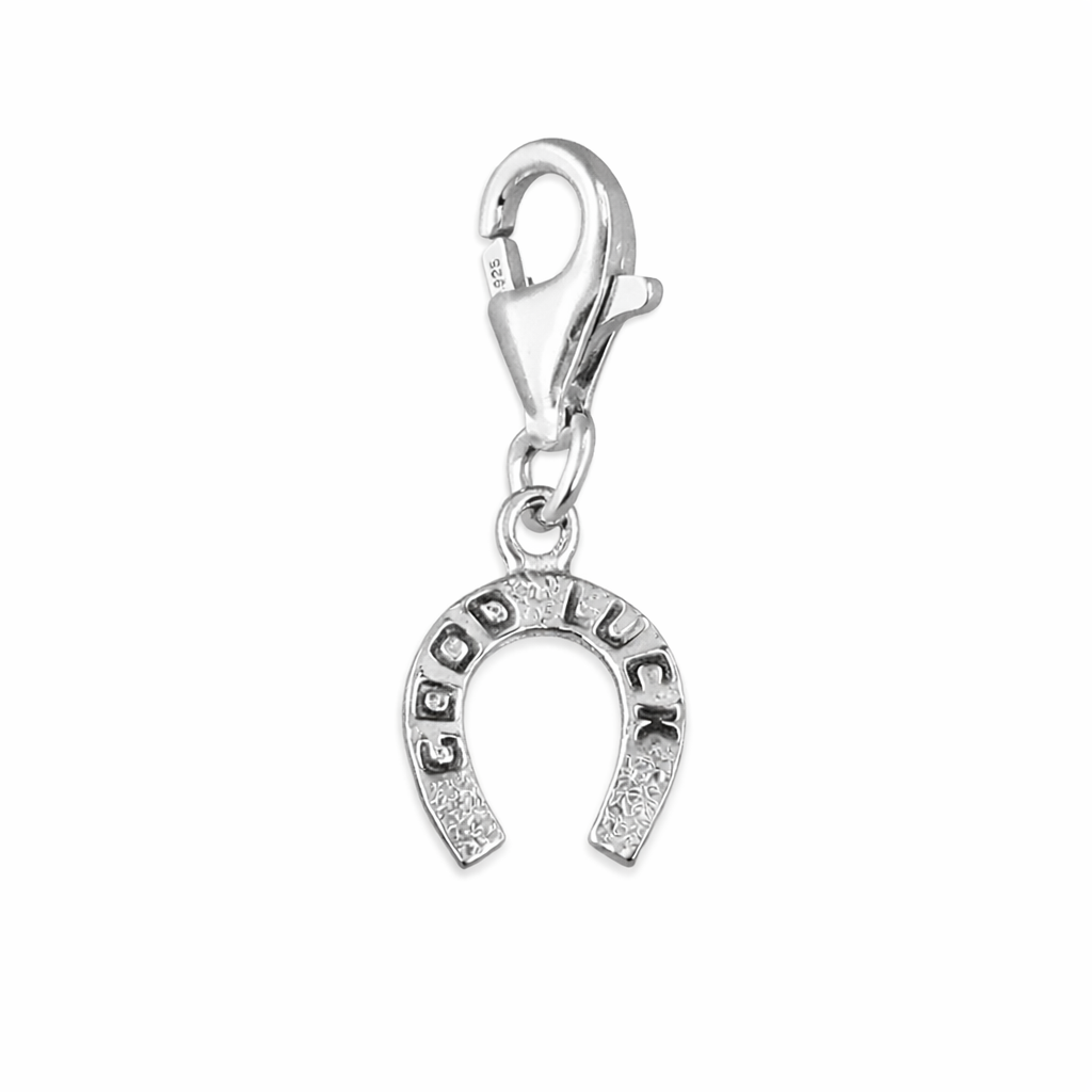 Silver horseshoe charm with engraved text sterling silver good luck charm by Melchior Jewellery