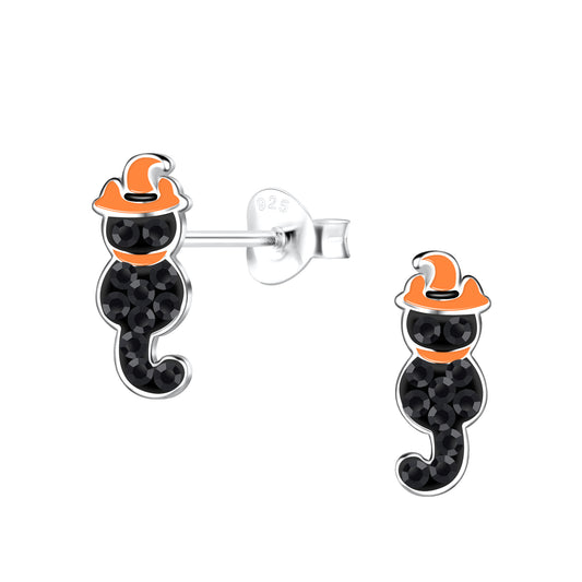 Melchior Jewellery children's earrings in sterling silver halloween jewellery design featuring black ghost with orange witch hat