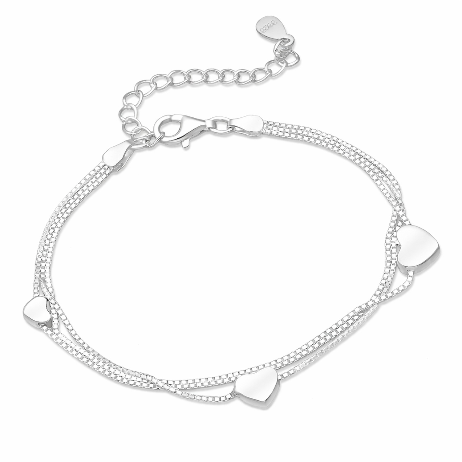 Melchior Jewellery sterling silver heart charm bracelet with delicate chain and heart charms for women