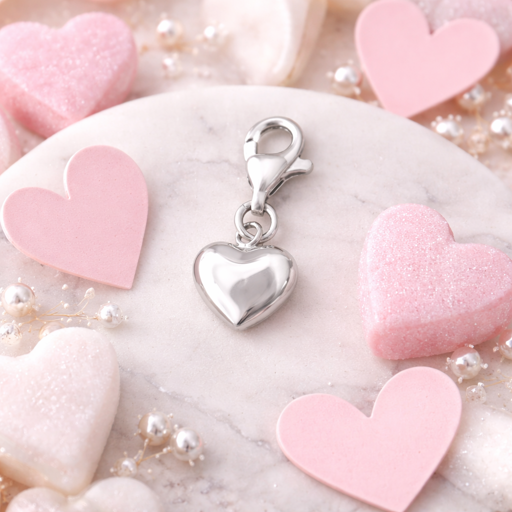 Shiny sterling silver heart charm by Melchior Jewellery surrounded by soft pink and white heart shapes on marble