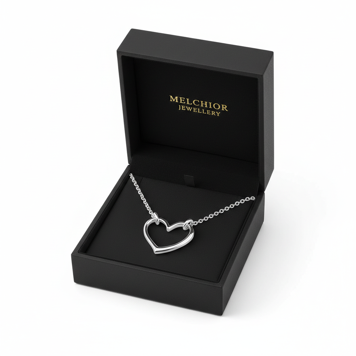 Melchior Jewellery sterling silver heart choker necklace displayed in a black gift box