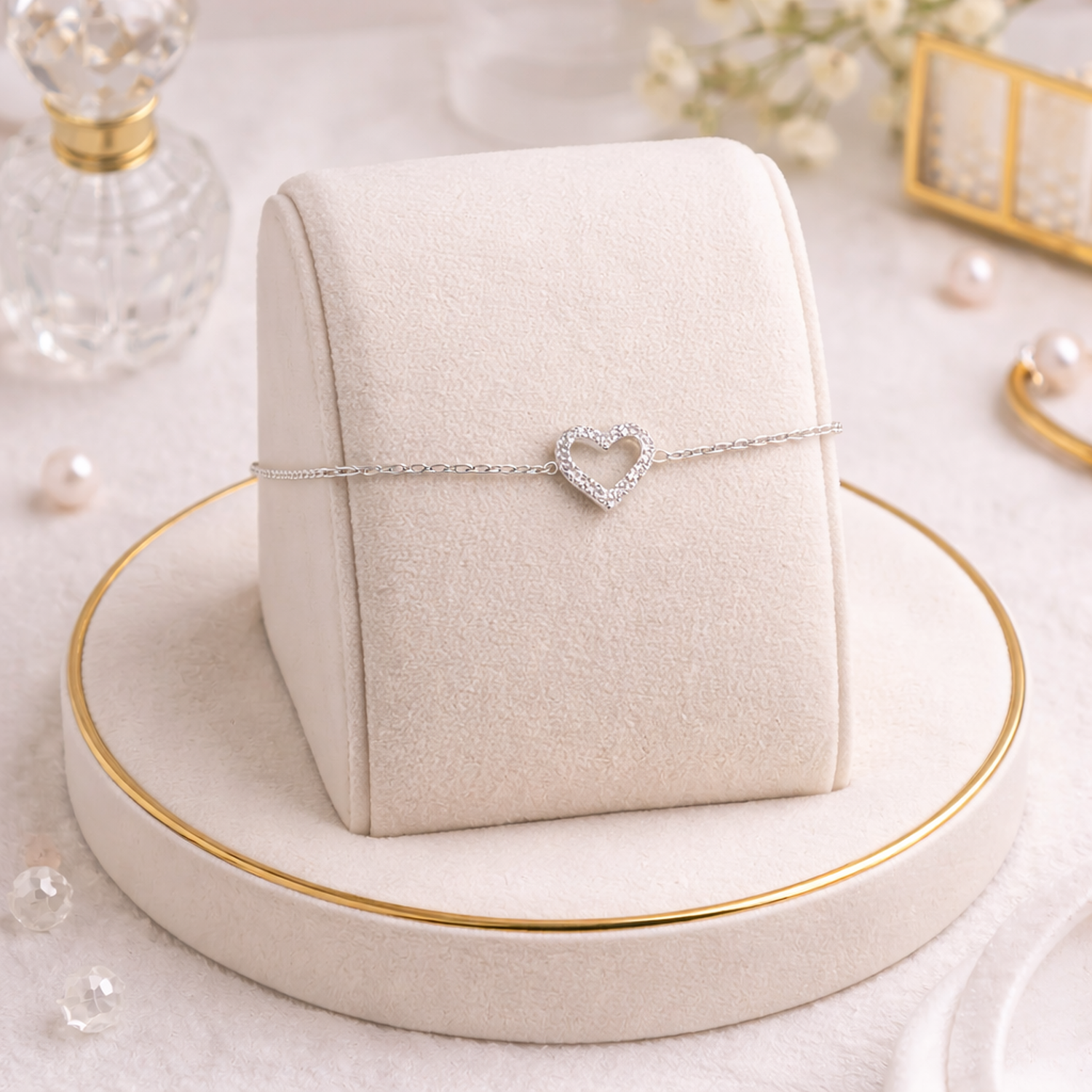 Sterling silver heart CZ bracelet by Melchior Jewellery displayed on beige stand with floral background
