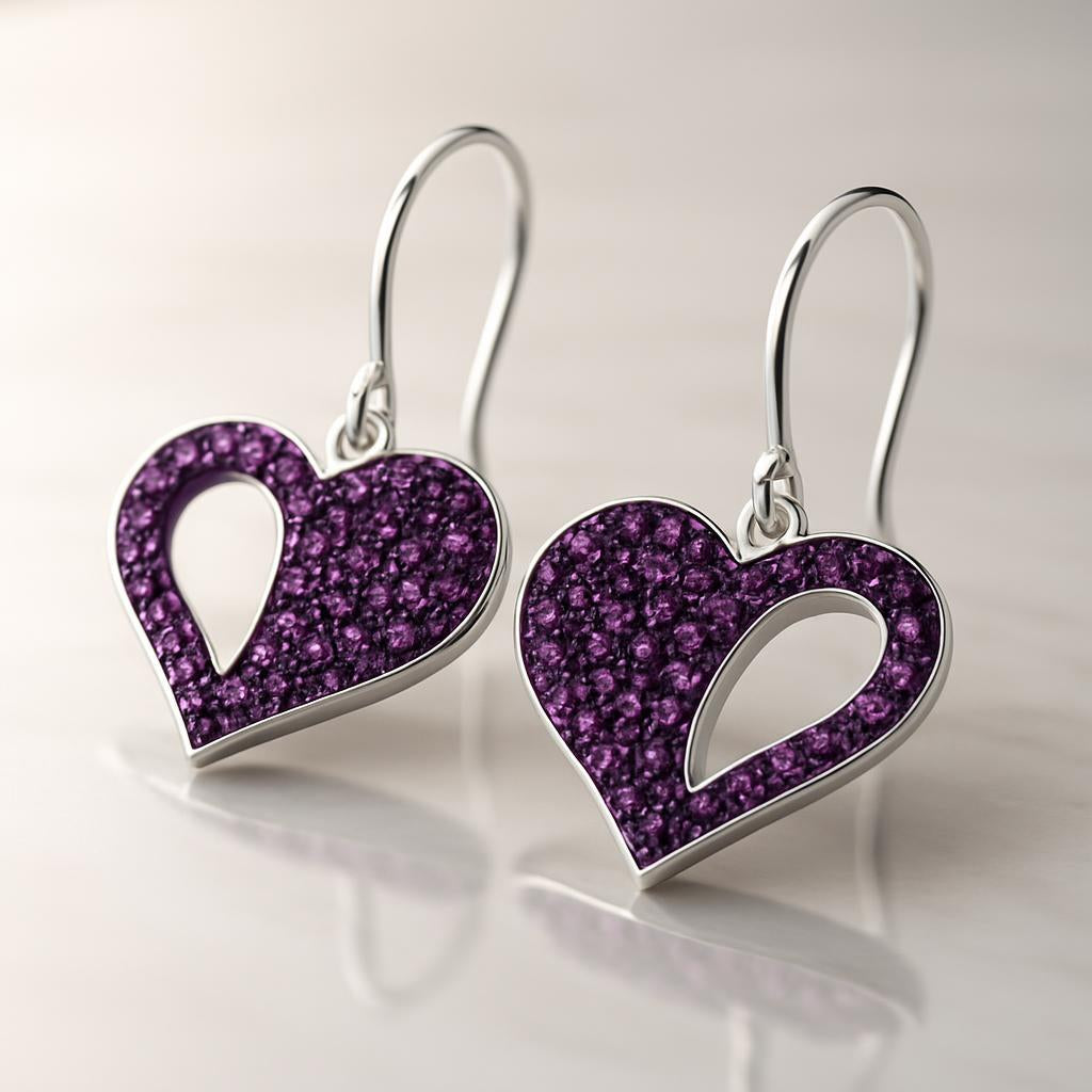 Melchior Jewellery sterling silver heart drop earrings with purple gemstone detailing for women