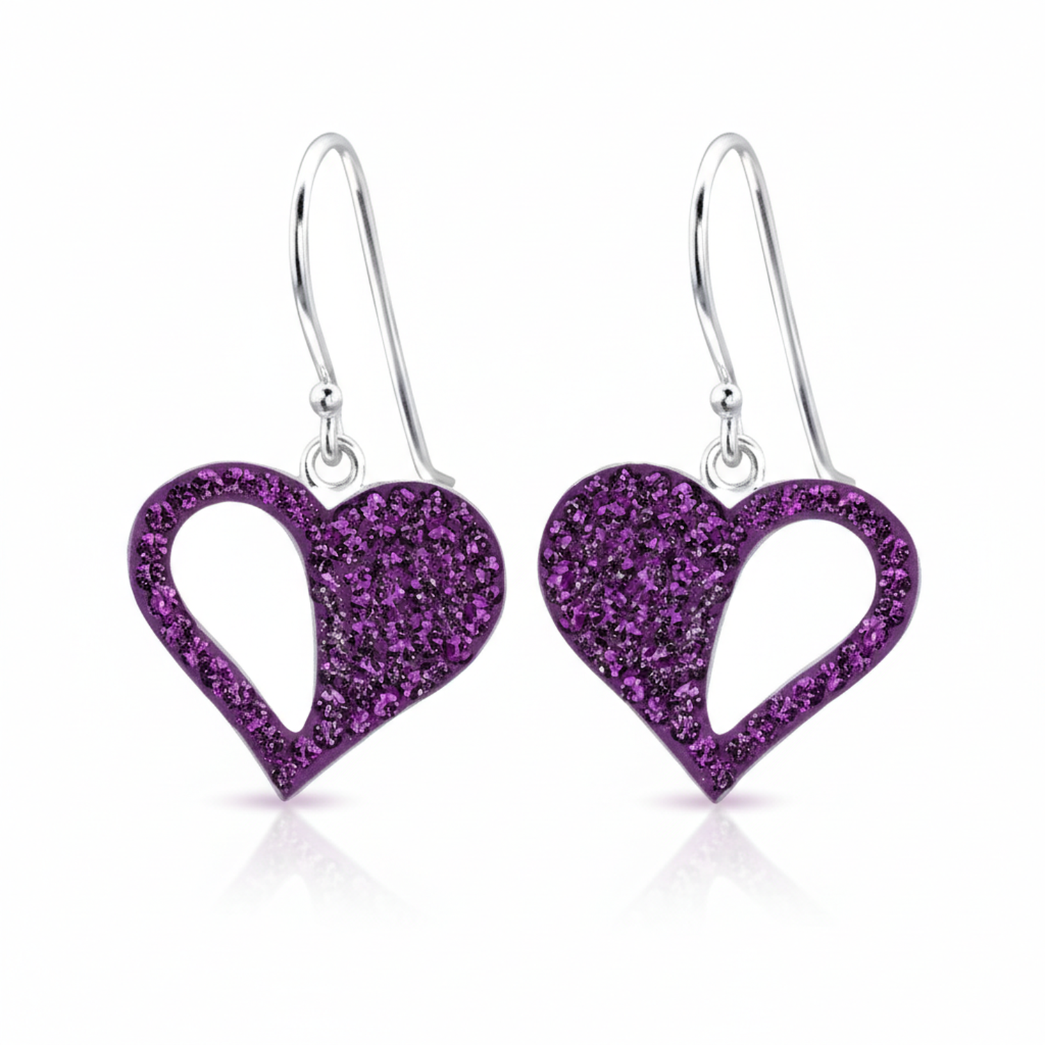 Melchior Jewellery sterling silver heart drop earrings with purple glitter hearts for women