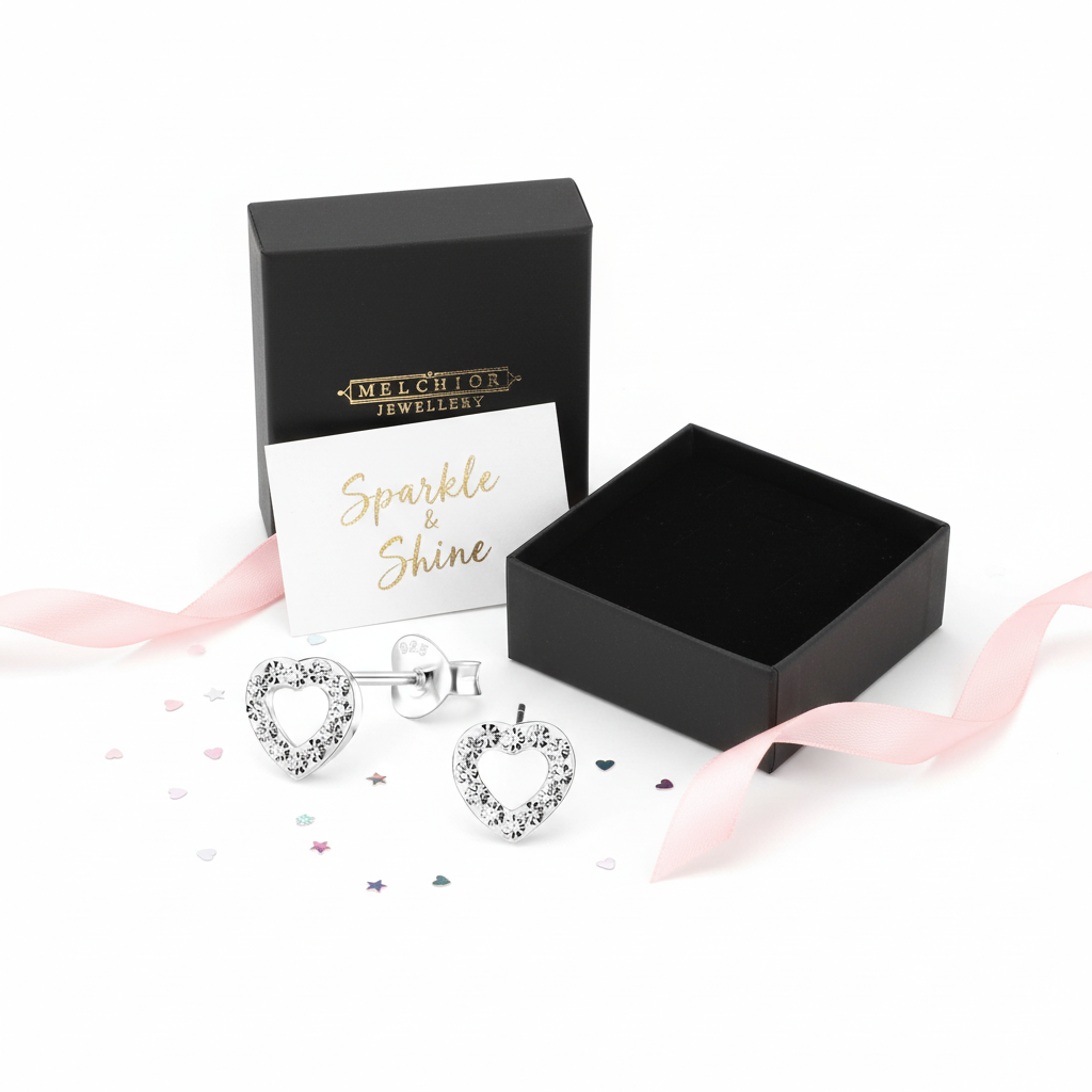 Sterling silver heart earrings for girls by Melchior Jewellery with gift box and Sparkle and Shine card