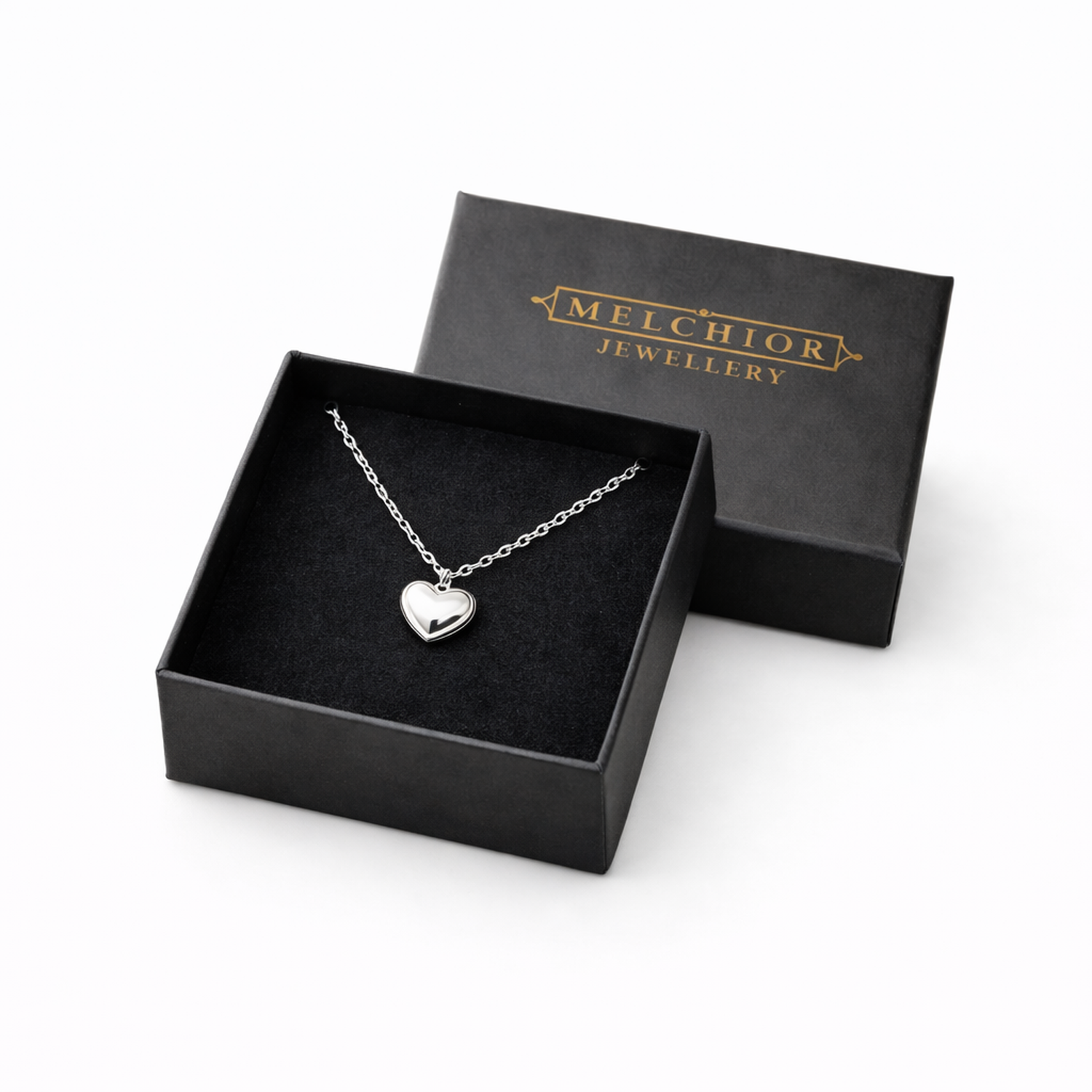 Melchior Jewellery sterling silver heart necklace displayed in black branded gift box