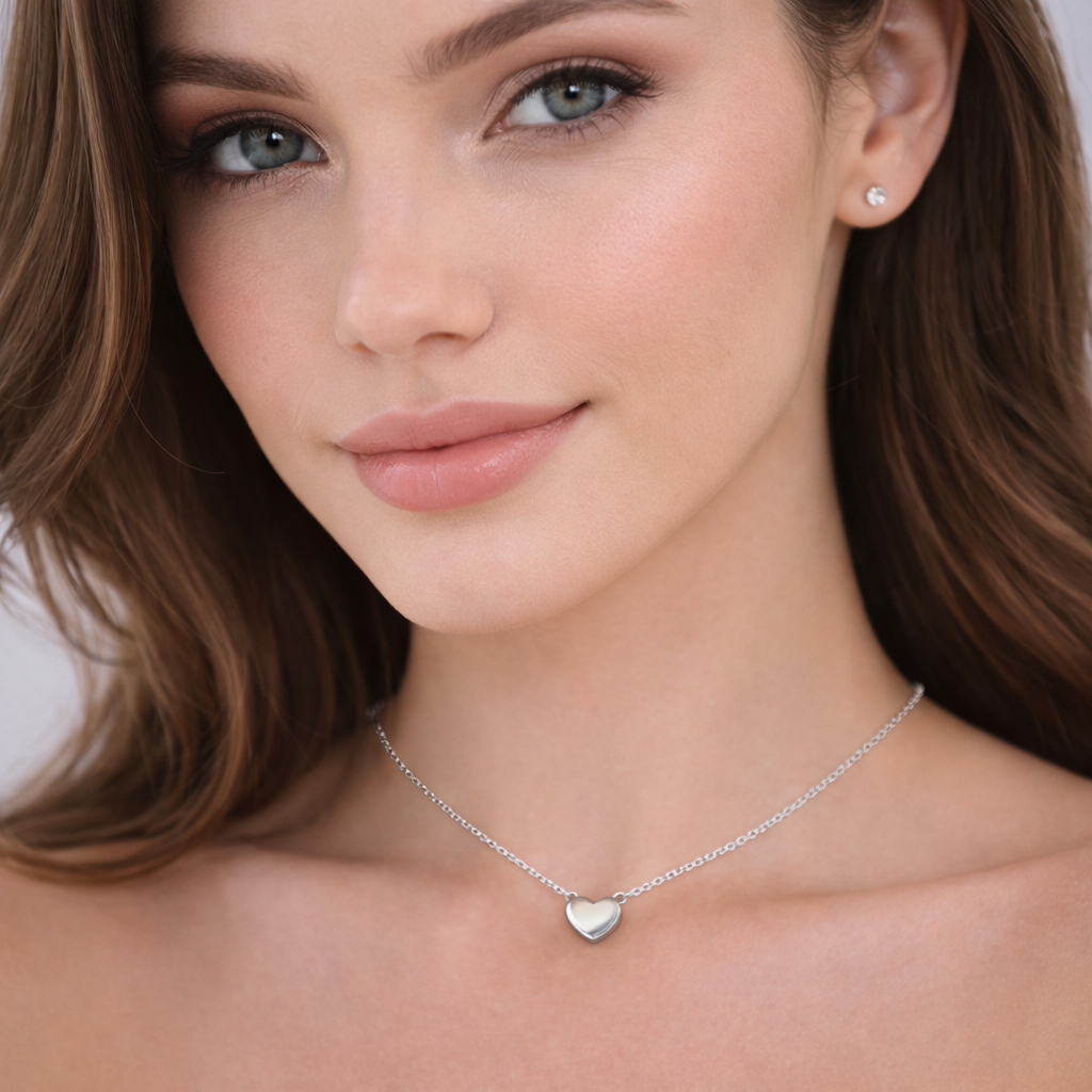 Melchior Jewellery sterling silver heart necklace worn by woman with natural makeup and soft smile