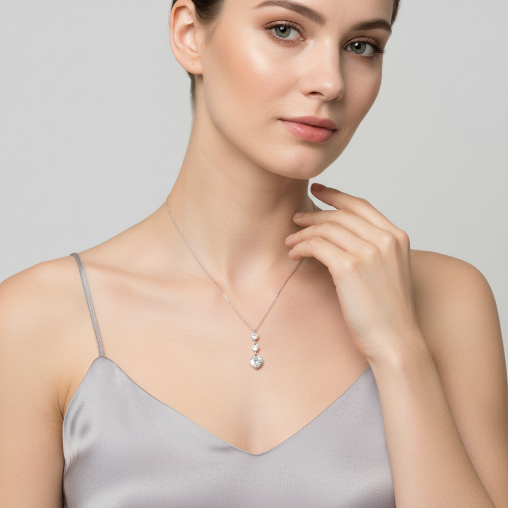 Woman wearing sterling silver heart pendant necklace from Melchior Jewellery with delicate chain and sparkling pendant