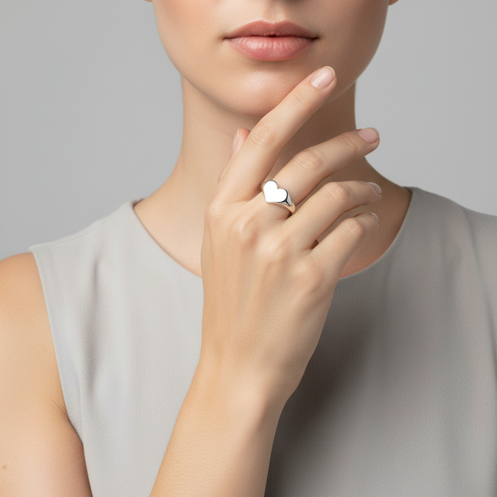 Melchior Jewellery sterling silver heart ring worn on woman's finger with elegant neutral outfit