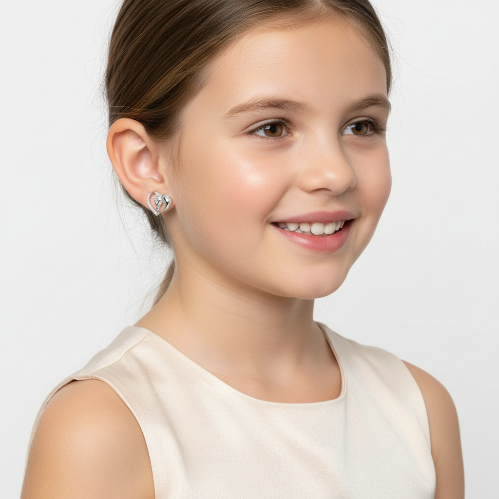 Melchior Jewellery sterling silver horse earrings worn by smiling girl in cream top
