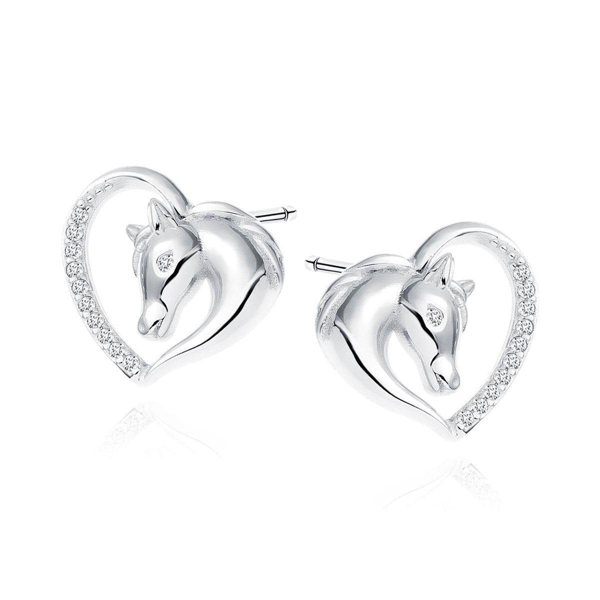 925 sterling silver horse earrings with heart-shaped outlines and sparkling cubic zirconia