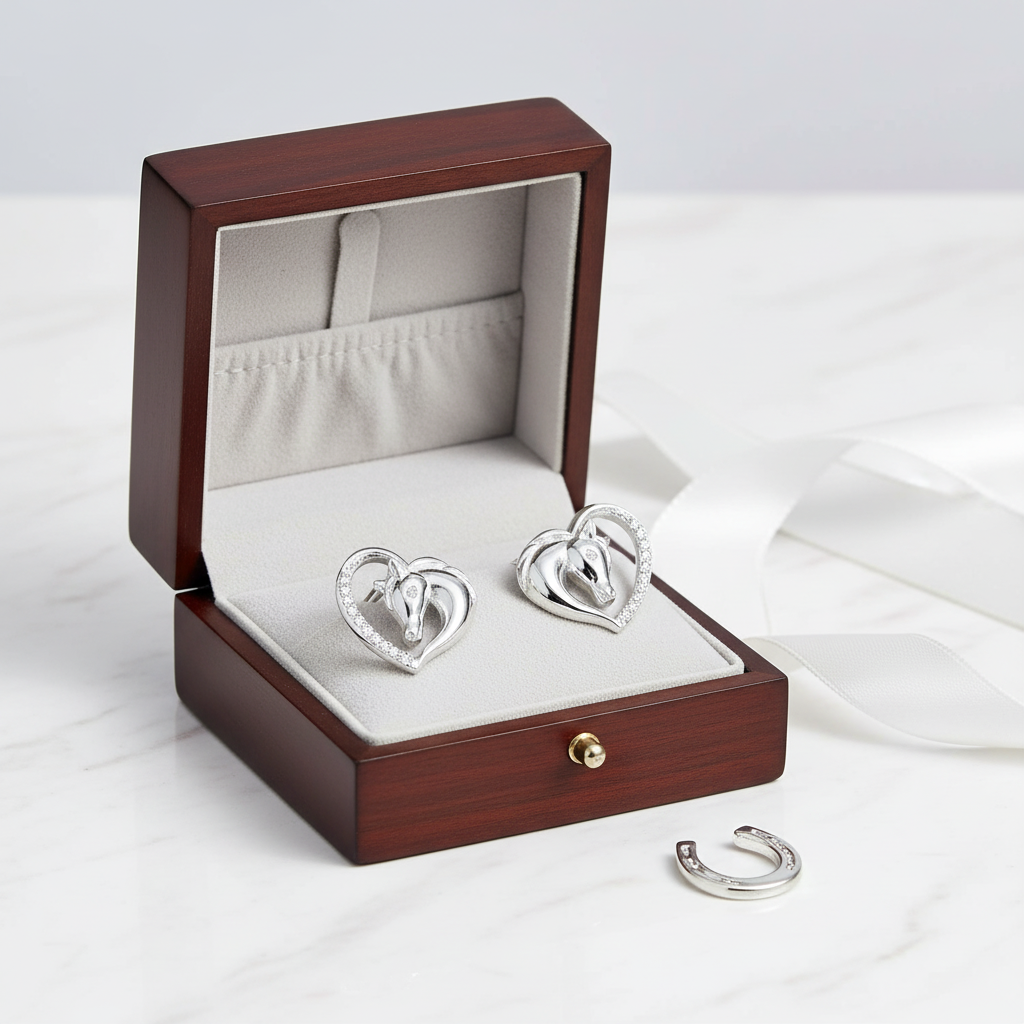 Melchior Jewellery sterling silver horse earrings shaped like horses inside heart frames in wooden box