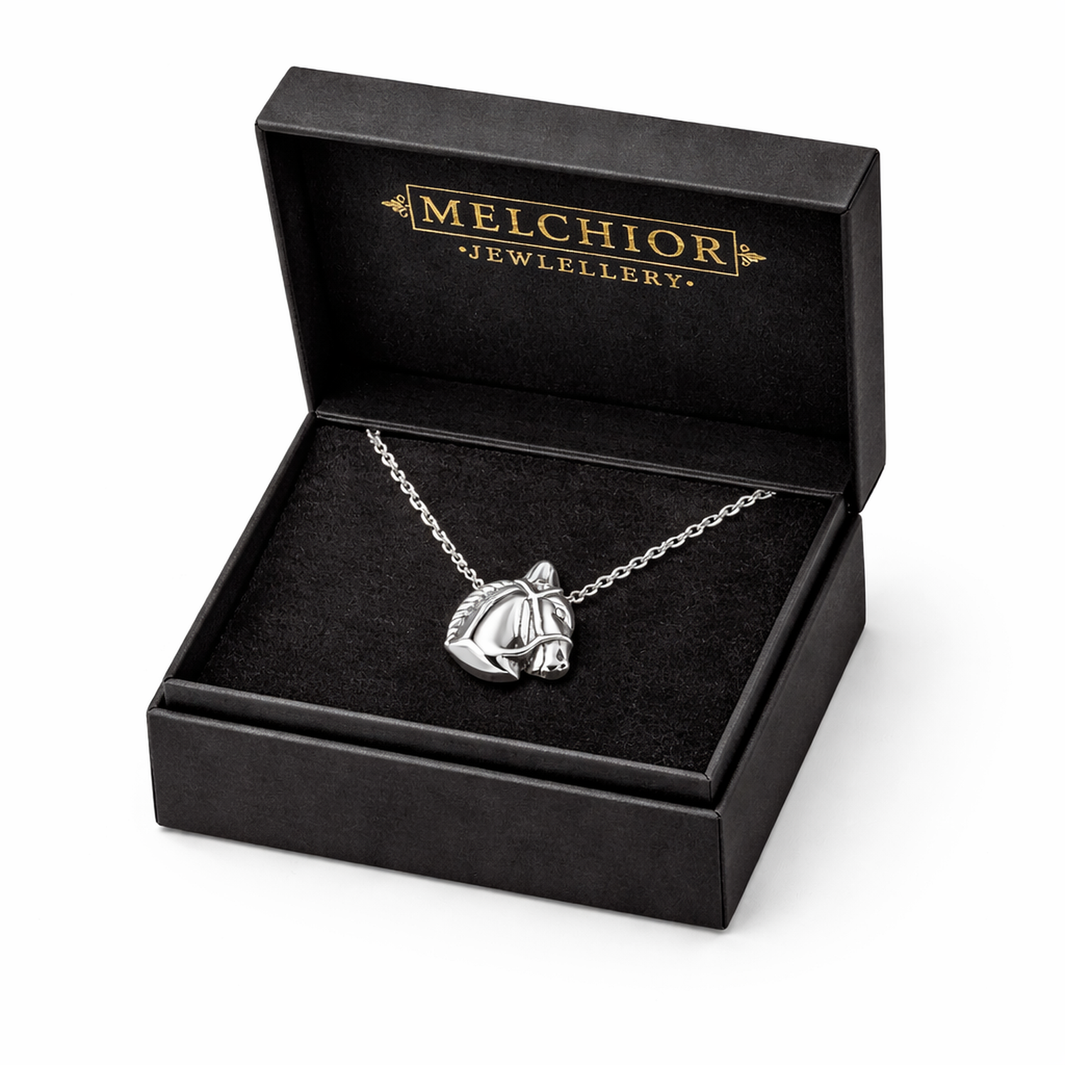 Melchior Jewellery sterling silver horse necklace with detailed horse pendant in black presentation box
