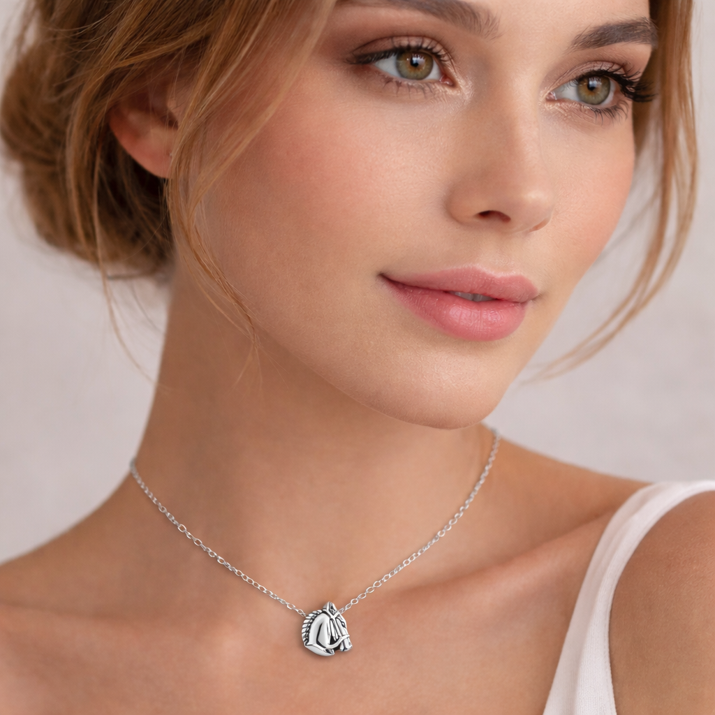 Melchior Jewellery sterling silver horse necklace worn by woman with natural makeup and white top