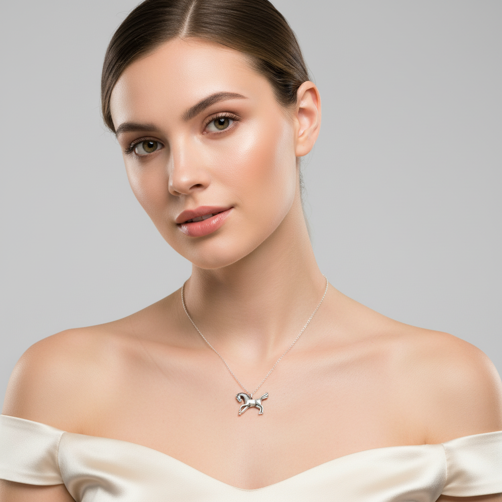 Melchior Jewellery sterling silver horse necklace worn by woman with off-shoulder white top