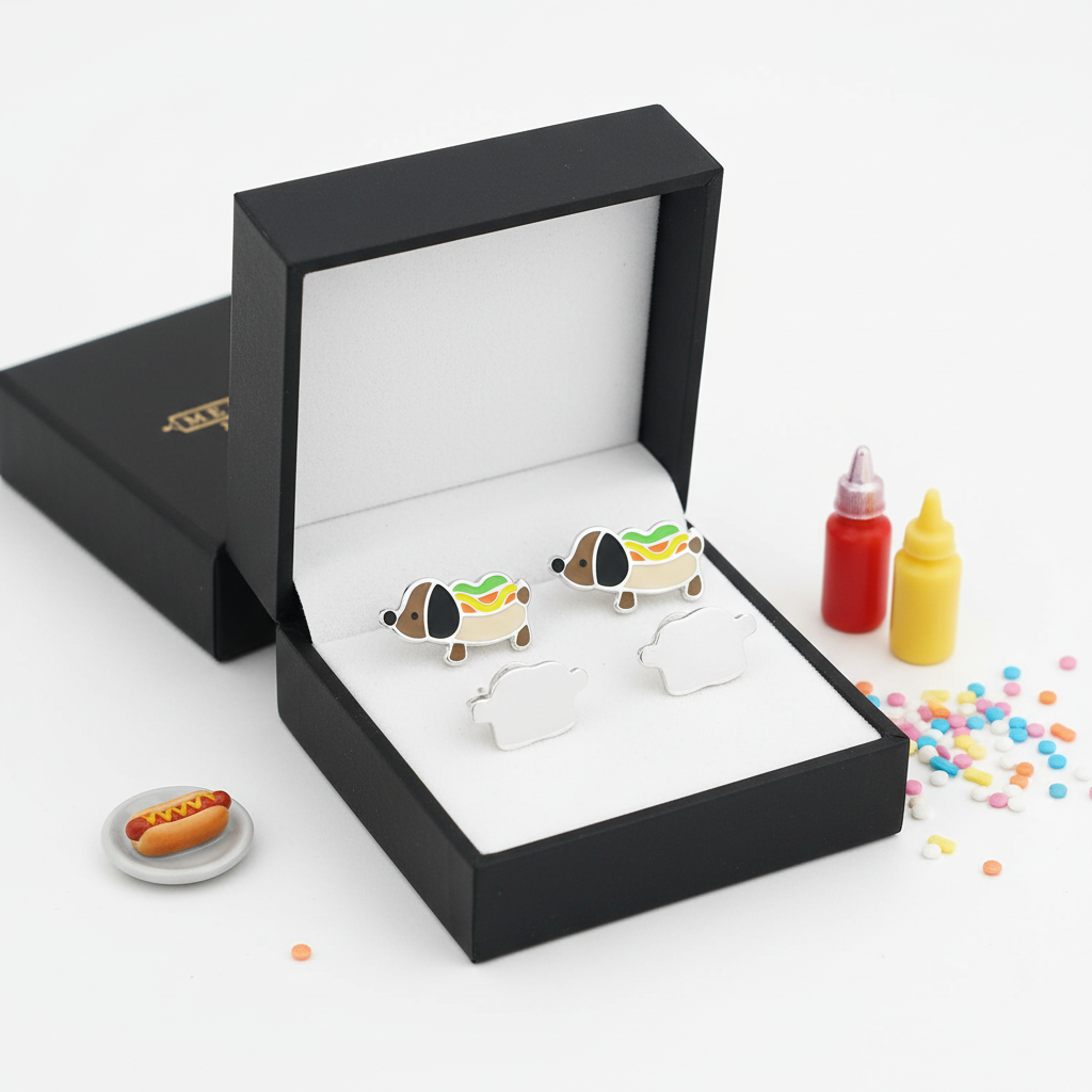 Melchior Jewellery sterling silver hot dog stud earrings for children in black jewellery box