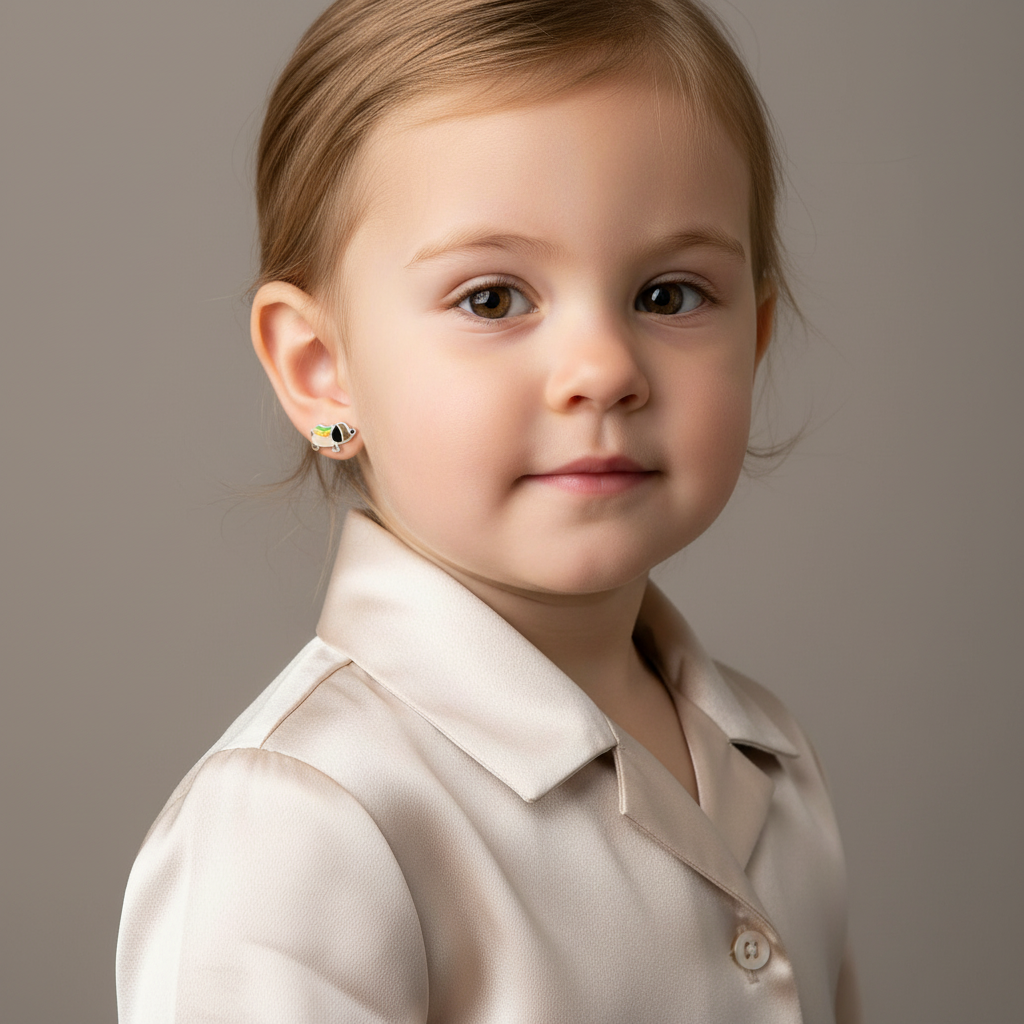 Young child wearing sterling silver hot dog stud earrings from Melchior Jewellery in a cream shirt