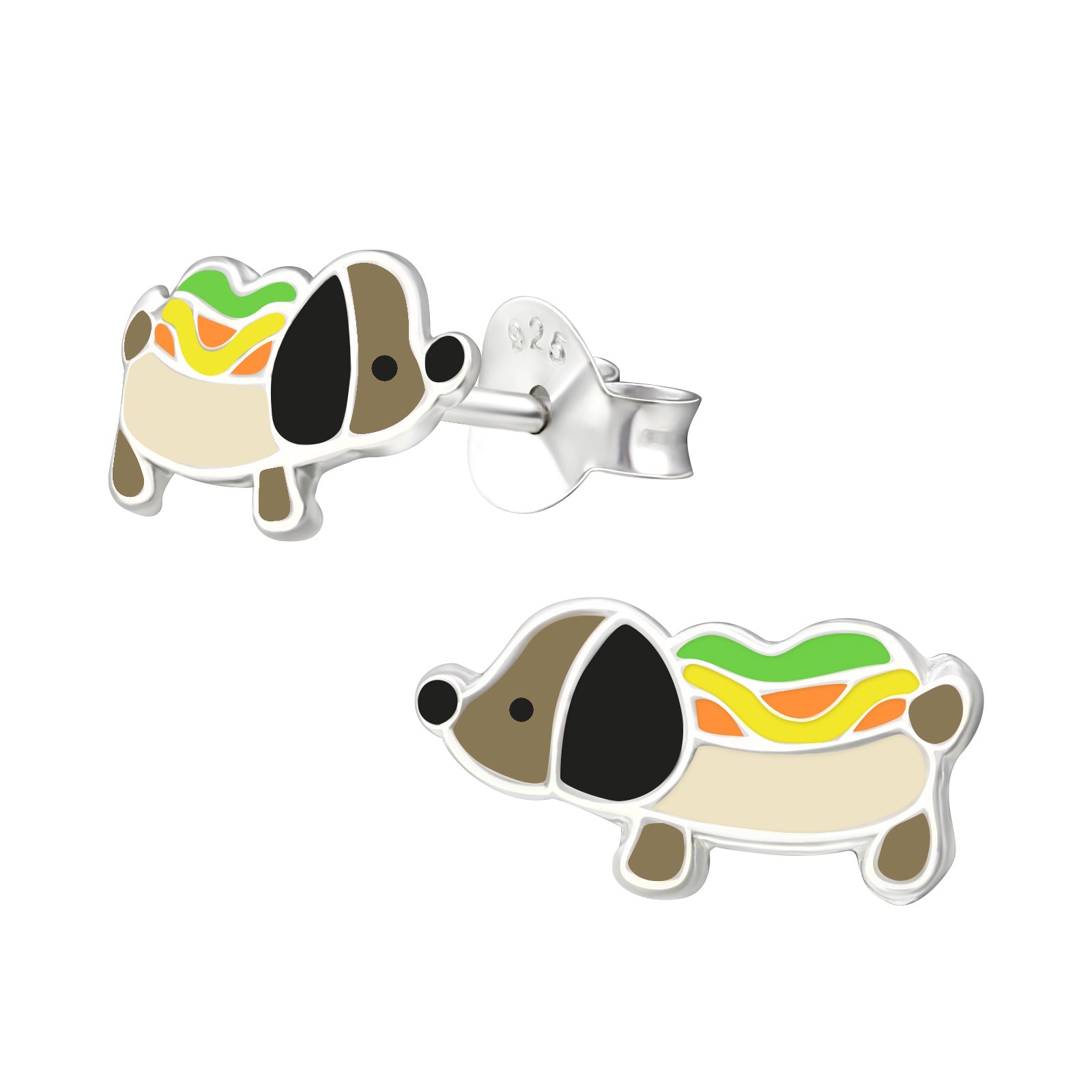 Sterling silver hot dog stud earrings for children by Melchior Jewellery with colourful enamel detail