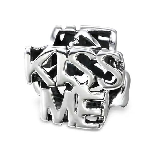 Sterling silver kiss me charm bead by Melchior Jewellery with bold letter design
