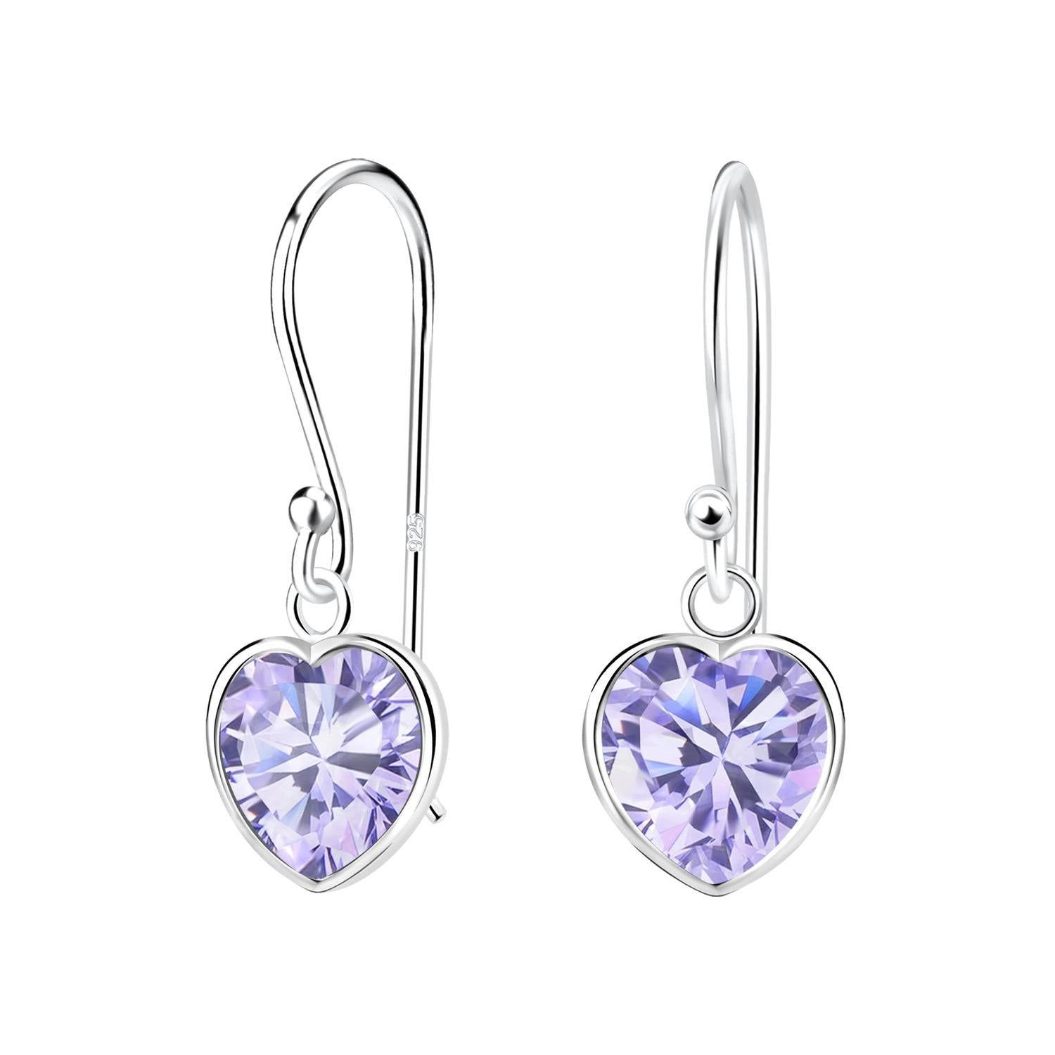 Sterling silver lavender heart earrings with delicate hooks by Melchior Jewellery for women