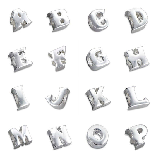Melchior Jewellery sterling silver letter bead charm set showing A to P polished alphabet beads for personalised bracelets