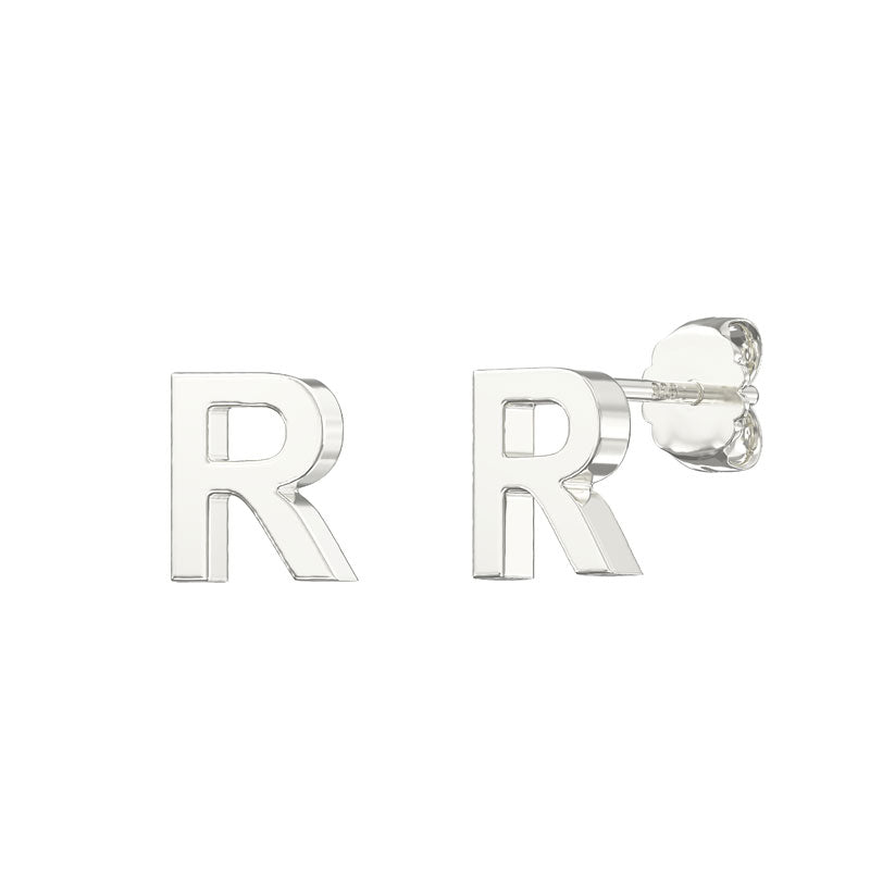 Melchior Jewellery sterling silver letter R earrings in polished finish with butterfly backs