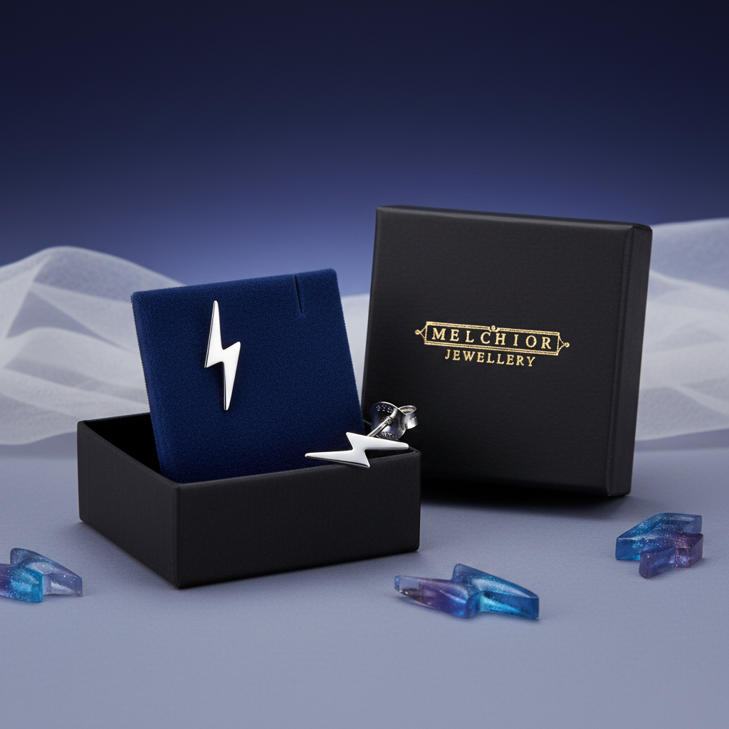 Melchior Jewellery sterling silver lightning bolt earrings displayed in black box with blue cushion