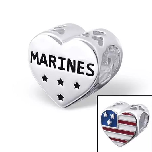 Sterling silver marines charm bead by Melchior Jewellery shaped like a heart with Marines text and stars