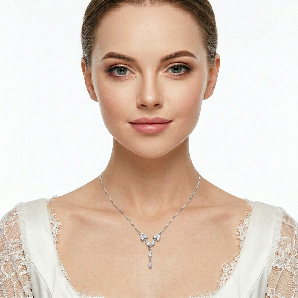 Melchior Jewellery Sterling Silver Marquise Necklace with delicate crystal accents worn by woman in white lace dress